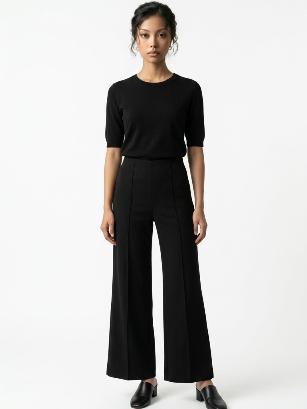 Quince Pintuck Ponte Pullon Stretch Wide Flare Women's S High-Waist Black Pants